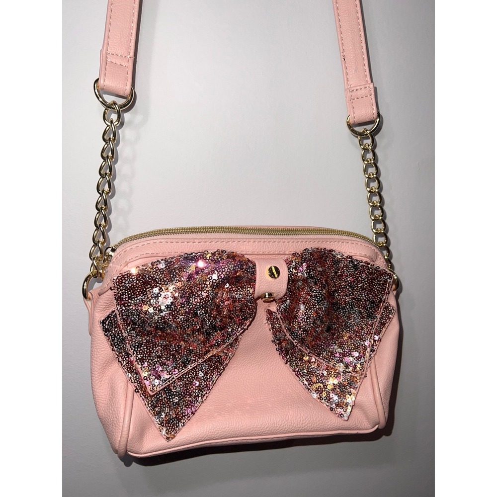 Betsey Johnson Coquette Pink Sequins Bow Crossbody Bag Gold Heart Bag Charm